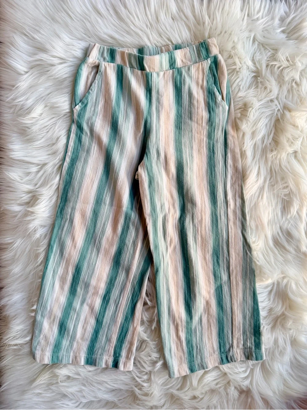 Mayoral Green and Cream Striped Elastic-Waist Pants Size 5 Girls